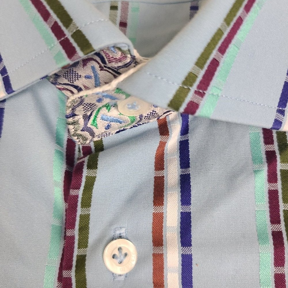 Robert Graham Button Up Shirt Large/XL Blue Stripe Flip Cuff Size Mens - Picture 3 of 11